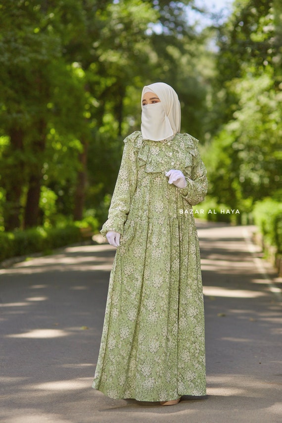 Surayya Kiwi Chiffon Abaya Dress With Floral Print Ruffled Design 