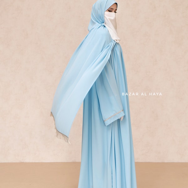 Haniya Sky Blue Abaya Gown - Elegently Wide With Unique Decor - 3 Piece