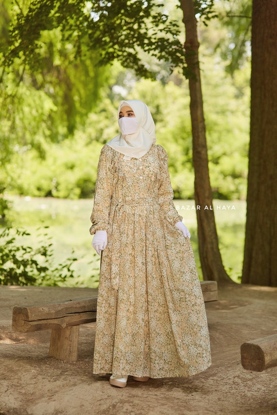 Surayya Almond Chiffon Abaya Dress With Floral Print Ruffled Design 