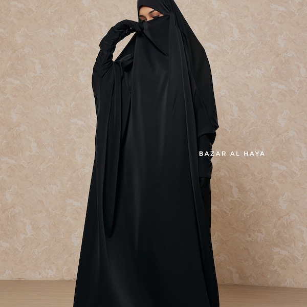 Sarah One Piece Black Jilbab - Zipper Sleeves - Silk Crepe