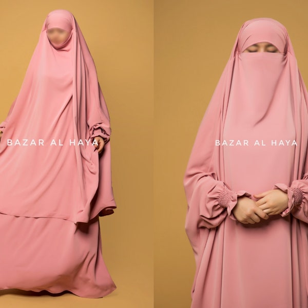 Baby Pink Hoor Deux Pièces Jilbab Avec Jupe Style Afghan Haute Qualité Français Jilbab Khimar Abaya Robe Longue Niqab Burqa Voile Kaftan Foulards