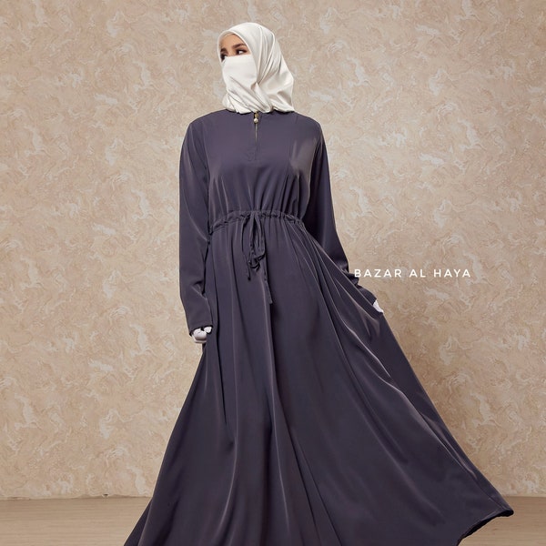Steel Grey Salam 3 Belted Abaya Dress - Front Zipper & Zipper Sleeves - Nida