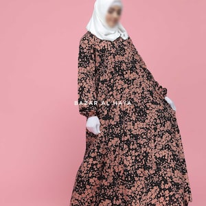 Sadia Black & Pink Floral Abaya Dress 100% Cotton Summer Tiered Style With Front Zipper