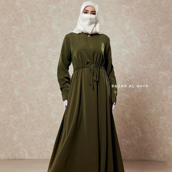 Robe Abaya ceinturée olive Salam 3 - Fermeture éclair sur le devant et manches zippées - Nida