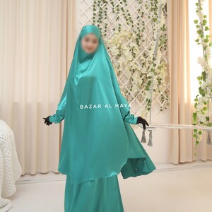 Teal Latifa Two Piece Satin Jilbab With Skirt- Long & Loose