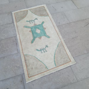Handmade 2x4 Green Brown Vintage Rug, 2x4 Oushak Wool Rug, Turkish Living Room Bedroom Kitchen Kids Entry Rug,Home Decor,2.2x3.11 Ft