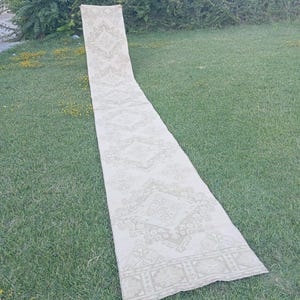 Può includere: Un tappeto passatoia lungo e stretto caratterizzato da una base color beige chiaro con un motivo ripetuto di forme geometriche a rombo e complessi disegni floreali in una tonalità marrone tenue, steso su un prato verde.