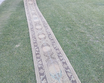 May include: A long, narrow runner rug featuring a repeating pattern of circular medallions and floral motifs in shades of muted brown, beige, and soft blue. The rug has a rectangular shape with a fringed edge at the bottom and a flat weave.