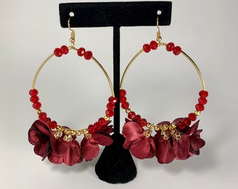 Silk Flowers, Czech Crystal, and Gold Hoop Earrings - 14K Gold Plated