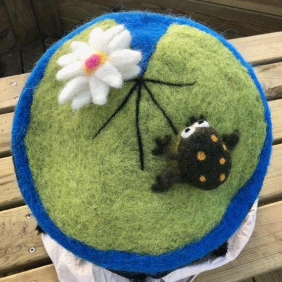 Upcycled Needle Felted Beret 3D Frog on 