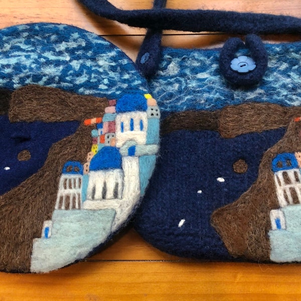 Needle Felted Beret and Bag - Santorini, Greece - Upcycled