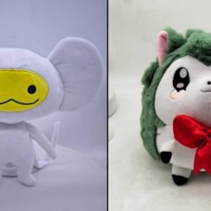 May include: Two plush toys: a white creature with large ears and a yellow face, and a round hedgehog-like figure with green fur, a red bow, and large eyes. The toys are soft and cuddly, perfect for children.