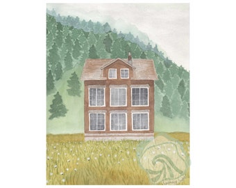 Mountain House Watercolour Art Print | Pen and Ink | Wall Art | Rustic | Brown House | Mountain