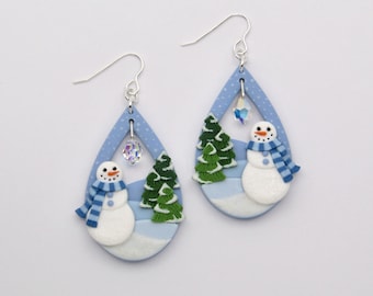 Snowman Earrings, Christmas Clay Earrings, Statement Winter Earrings, Dangly Christmas Earrings for Women