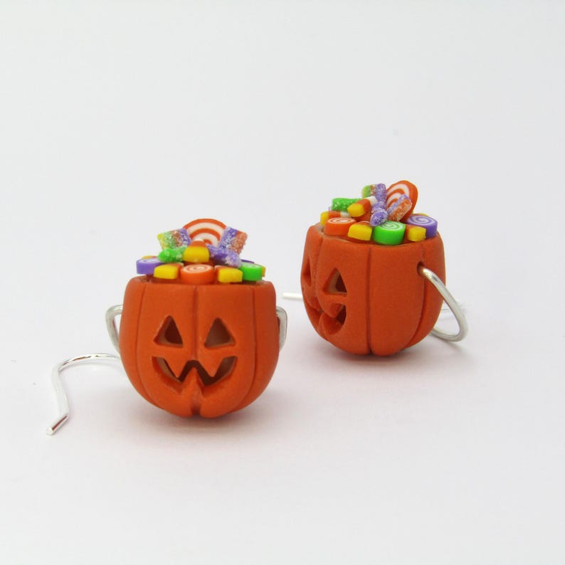 Pumpkin Candy Bucket Earrings, Carved Pumpkin Earrings, 3D Jack O