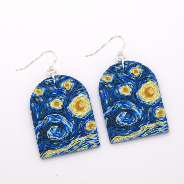 Starry Night Earrings, Van Gogh Earrings, Night Sky Earrings, Statement Earrings, Wearable Art Jewellery, Art Earrings, Blue Dangle Earrings