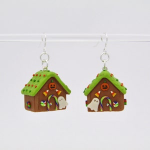 Halloween Earrings, Gingerbread House Earrings, Whimsigoth Earrings, Halloween Gift for Women, Miniature Food Earrings Clay, Spooky Earrings