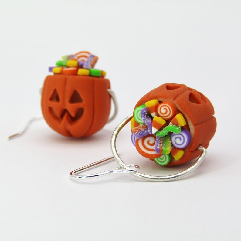 Pumpkin Candy Bucket Earrings, Carved Pumpkin Earrings, 3D Jack O