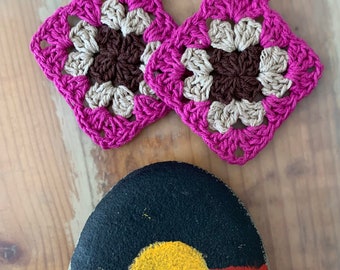 Handmade crocheted earrings colourful granny square  copper tone  hook