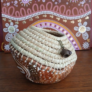 Handmade clay base aboriginal weaving basket with raffia & gum nuts image 7