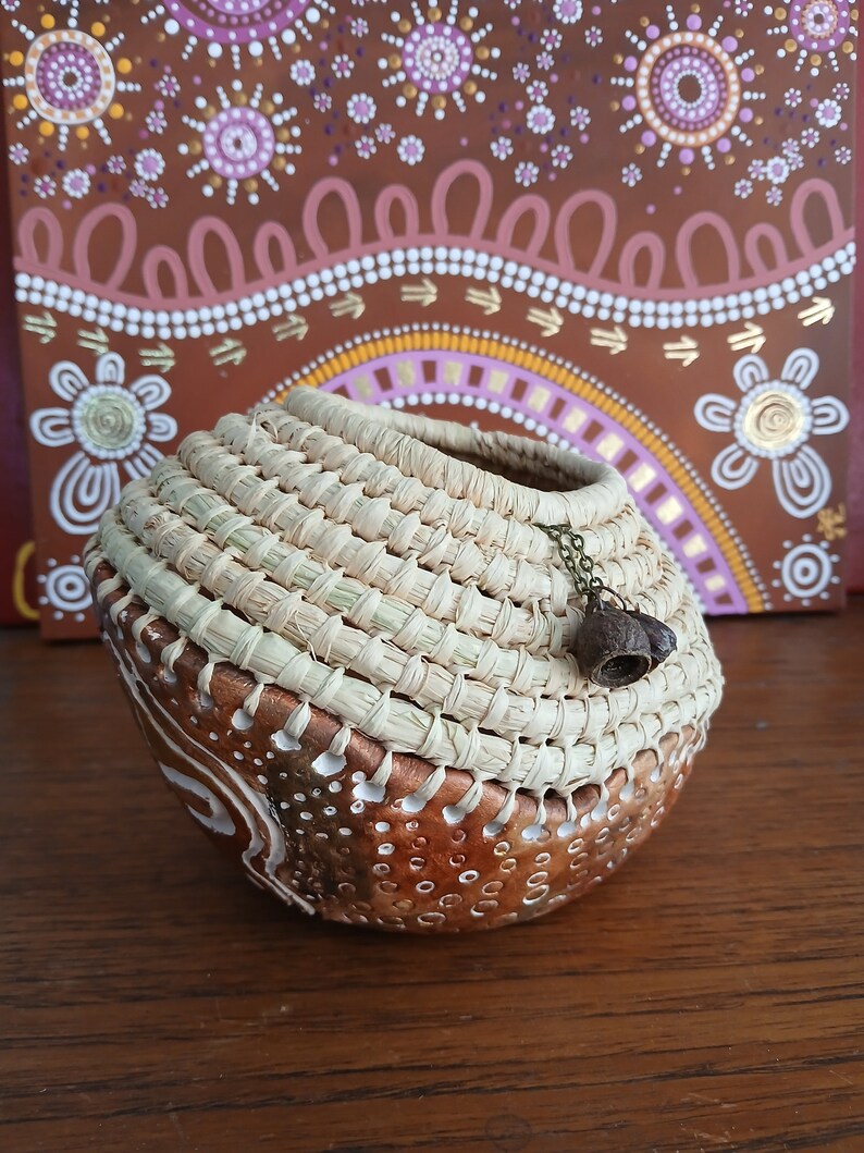 Handmade clay base aboriginal weaving basket with raffia & gum nuts image 7