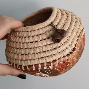 Handmade clay base aboriginal weaving basket with raffia & gum nuts image 1