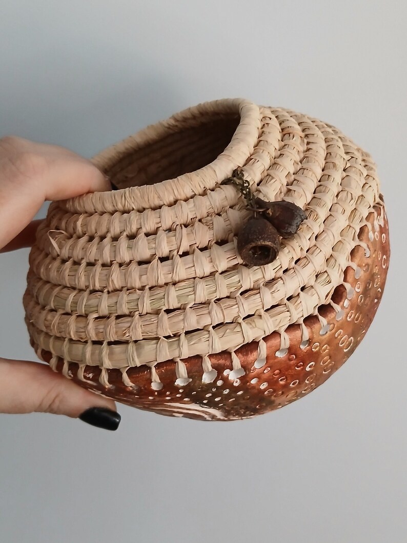 Handmade clay base aboriginal weaving basket with raffia & gum nuts image 1