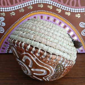 Handmade clay base aboriginal weaving basket with raffia & gum nuts image 4