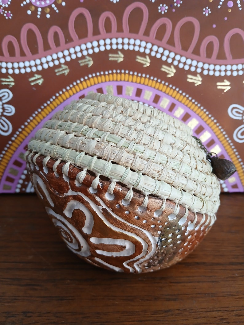 Handmade clay base aboriginal weaving basket with raffia & gum nuts image 4