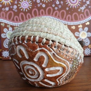 Handmade clay base aboriginal weaving basket with raffia & gum nuts image 8