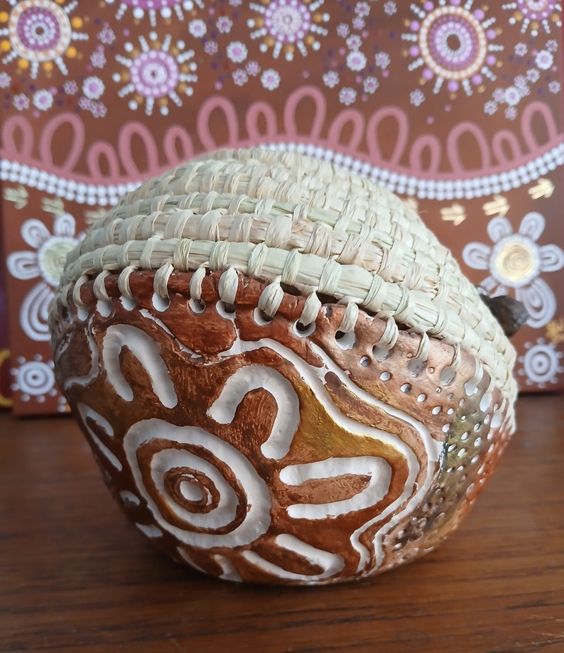 Handmade clay base aboriginal weaving basket with raffia & gum nuts image 8