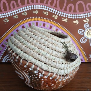 Handmade clay base aboriginal weaving basket with raffia & gum nuts image 2