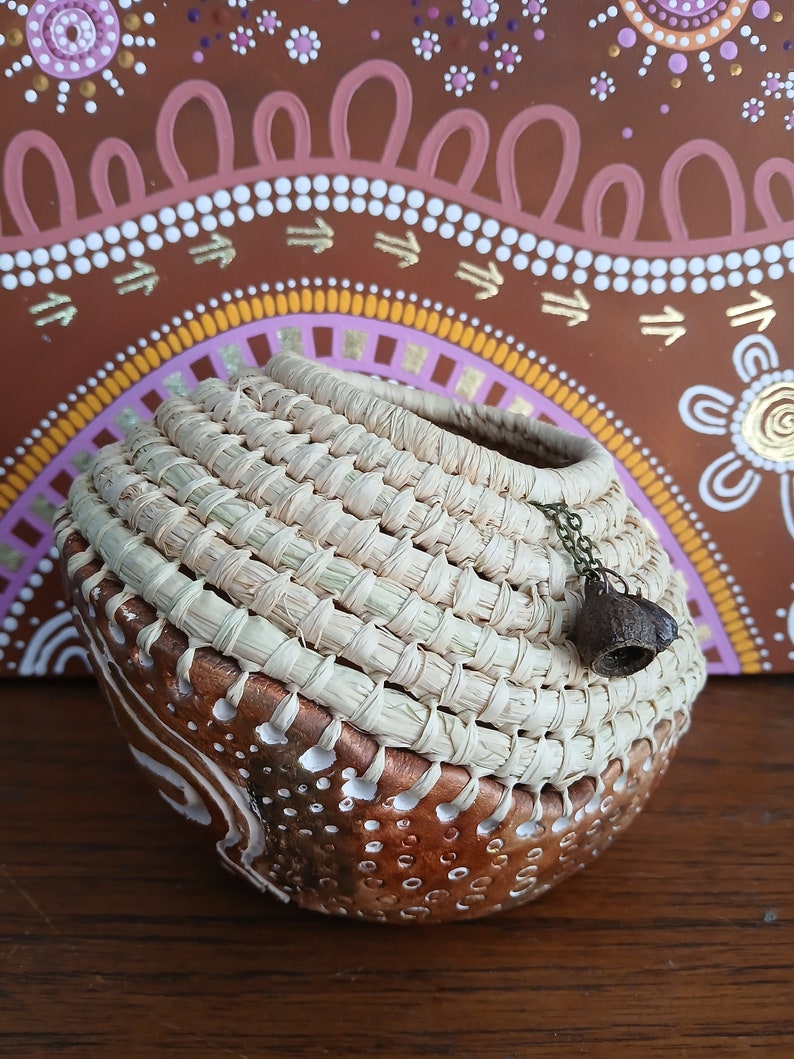 Handmade clay base aboriginal weaving basket with raffia & gum nuts image 2