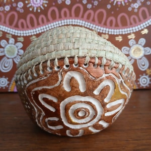 Handmade clay base aboriginal weaving basket with raffia & gum nuts image 3