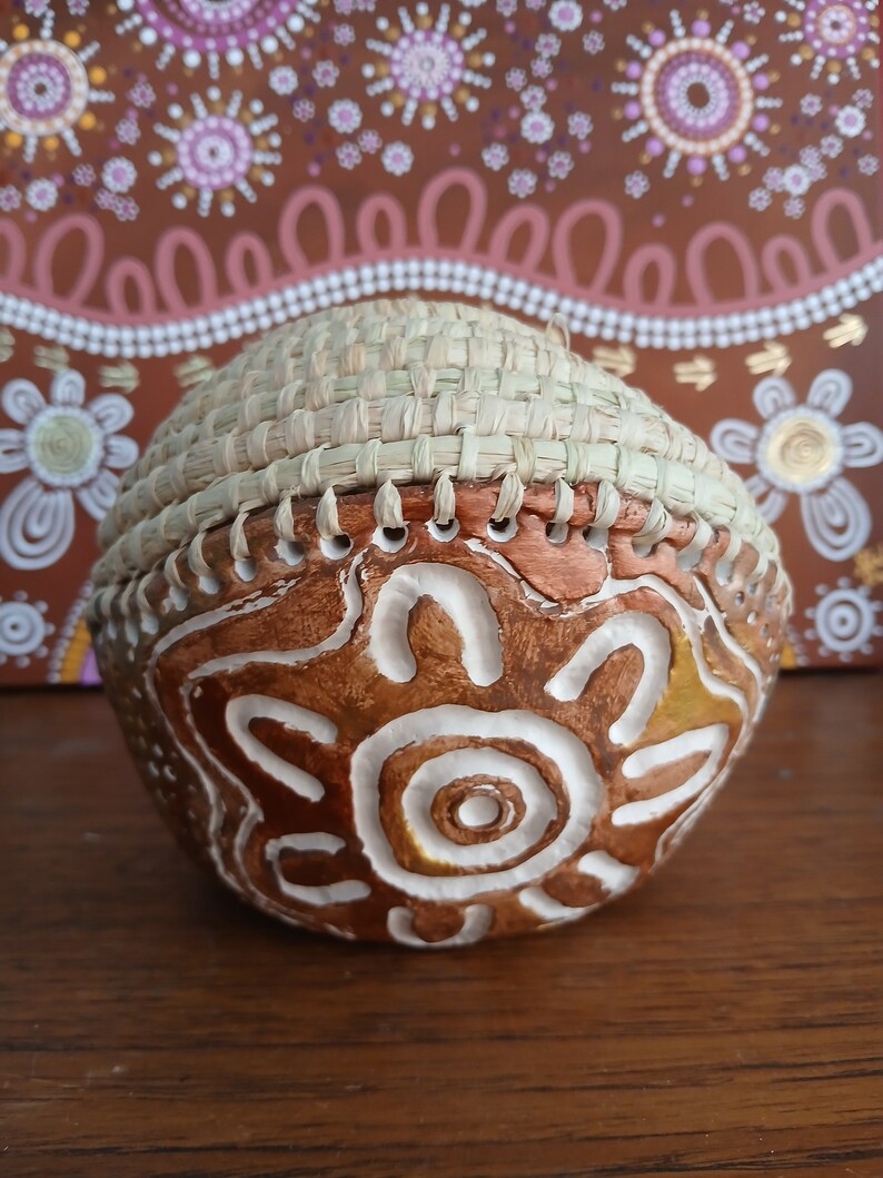 Handmade clay base aboriginal weaving basket with raffia & gum nuts image 3