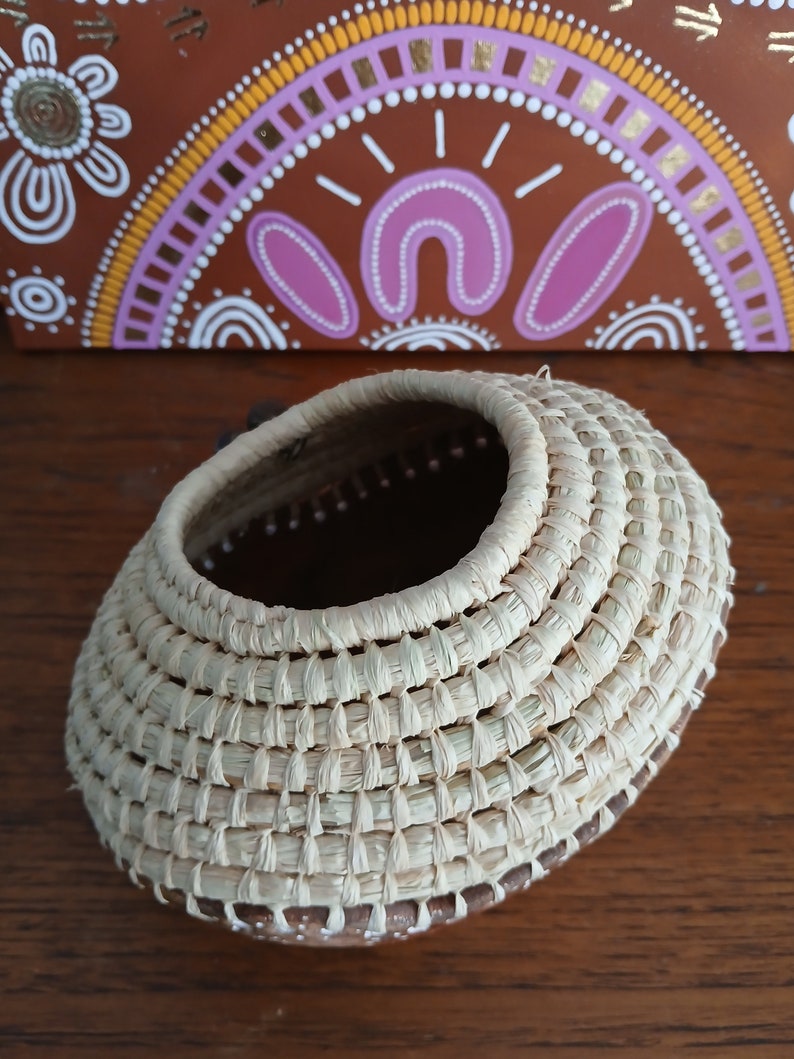 Handmade clay base aboriginal weaving basket with raffia & gum nuts image 6