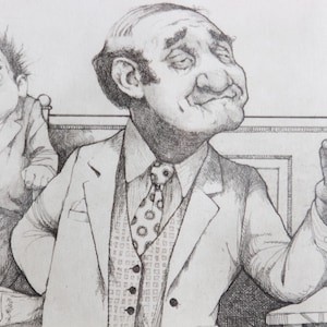 May include: A detailed pencil sketch of two men in suits. One man gestures with his hand, while the other sits in a chair. The sketch has a vintage, illustrative style, with a focus on facial expressions and attire.