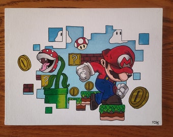 Hand Painted Canvas Panel Mario Painting Game Movie Drawing