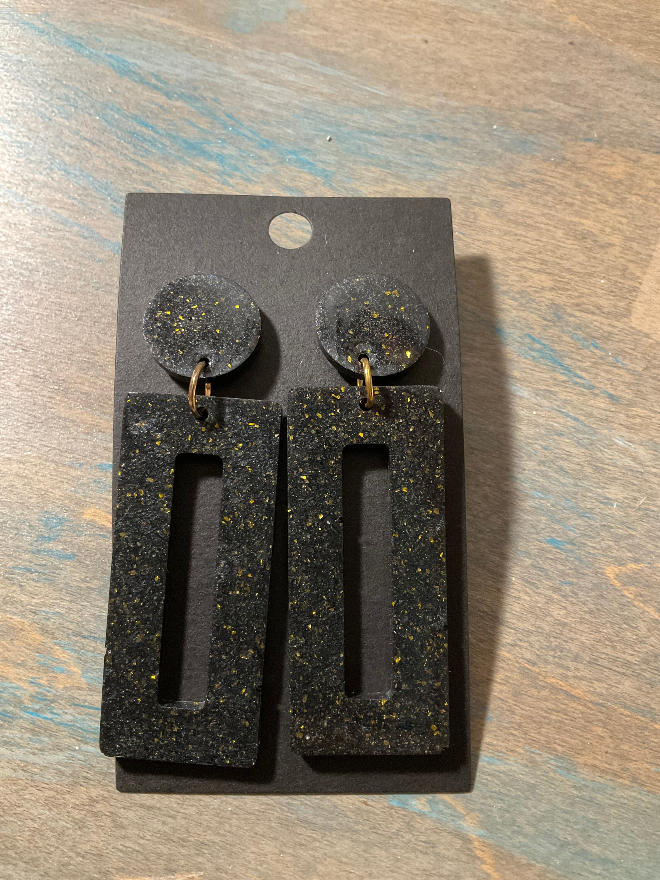 Black Resin Earrings with gold sparkles Etsy