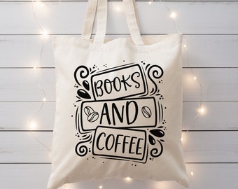 Books and Coffee Cotton Canvas Tote Bag, bookish bag, bookish gift, book lovers bag