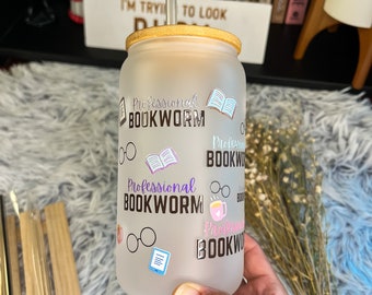 Professional Bookworm 16 oz Libby Cup, Bookish Cup,  glass cup, UV WRAP, bookish gift, librarian gift