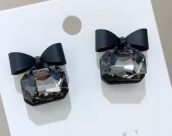 Cute velvet black bow earrings with gem hoop clip-on available