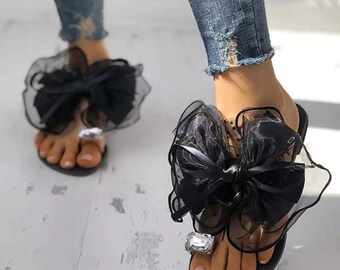 Womens Crystal Bowknot Open Toe Sandals Black Pre-Order