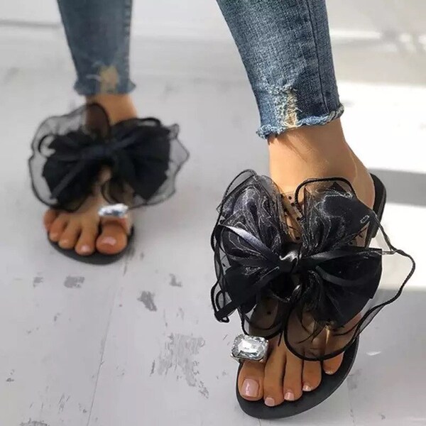 Womens Crystal Bowknot Open Toe Sandals Black Pre-Order