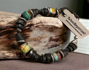 Unisex Natural High-Grade Cube Cut Galaxy Tigers Eye, Steel & Black Lava Stone Bracelet 