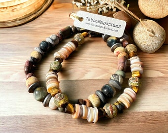 Unisex Natural High-Grade Jasper, Hawks Eye, and Agate Bracelet paired with a Green Agate, Shell, and Tigers Eye Bracelet