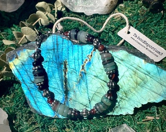 Unisex Natural Red Tigers Eye, Green Shell & Pewter Bracelet