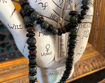 Unisex Black Obsidian Beads, Green Agate, Black Lava Stone & Wood Beaded Necklace