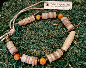 Unisex Rondelle Shell, Brass Beads, & Orange Agate Bracelet