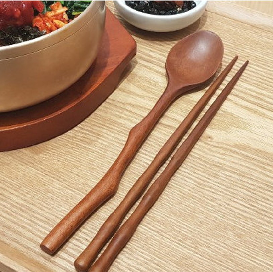 Korean wooden spoon and chopstick set with portable pouch Etsy